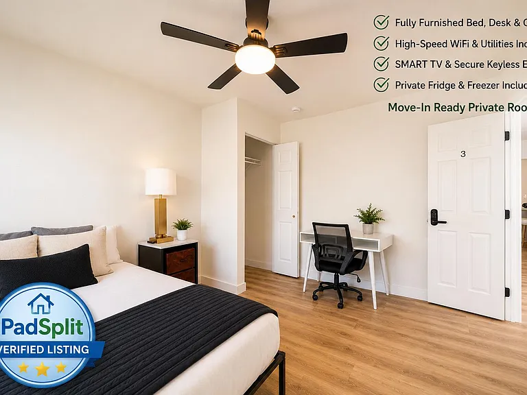 Furnished bedroom with a full bed, dedicated desk, ceiling fan, and a closet for convenient storage.