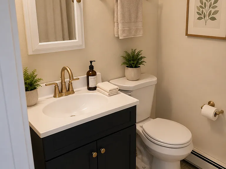 Elegant staged bath featuring brass accents, soft neutral tones, and thoughtful decor.