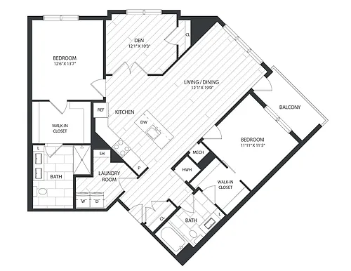 Floor plan 2 Bed/2 Bath Den-B9A
