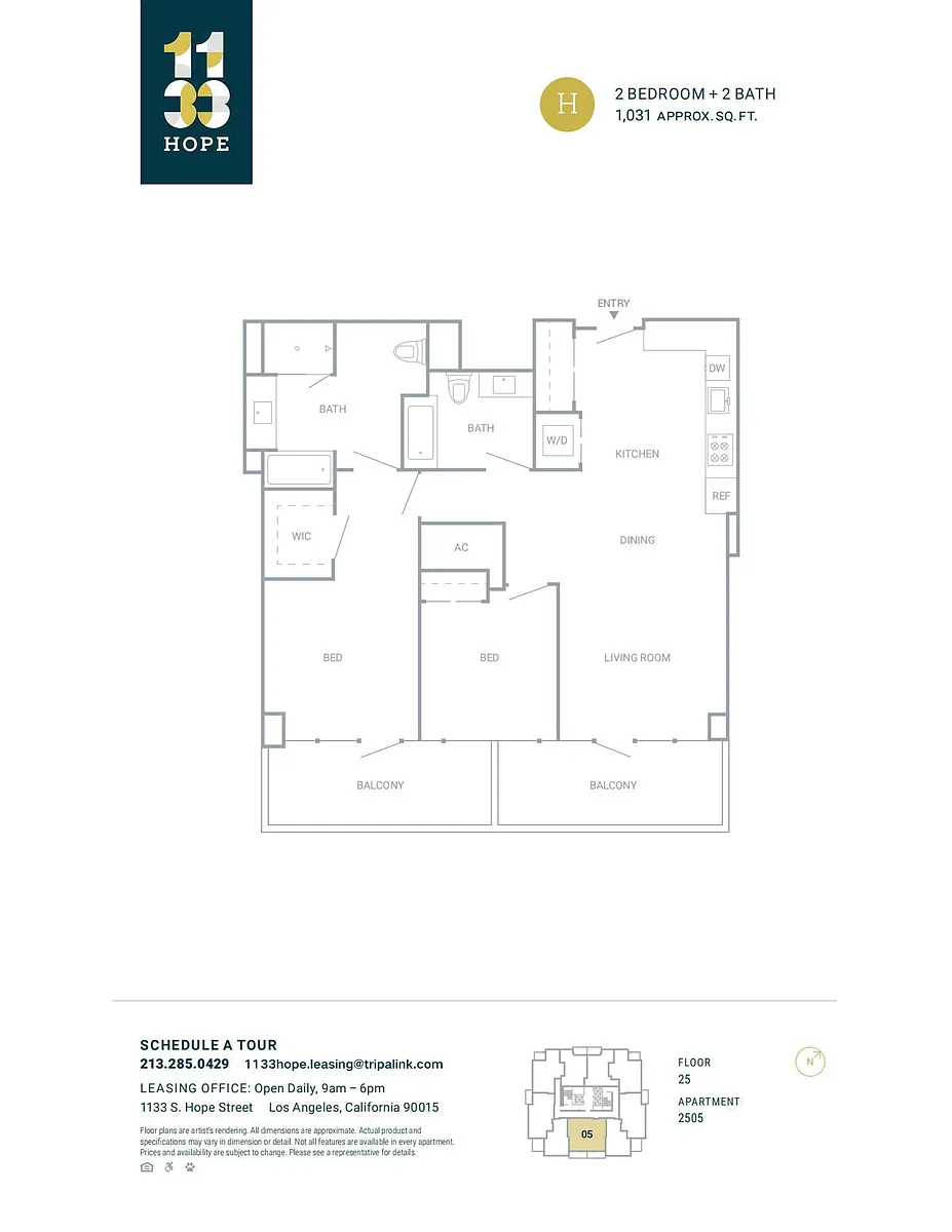 Floor plan 2 Bed 2 Bath - 1031 sqft