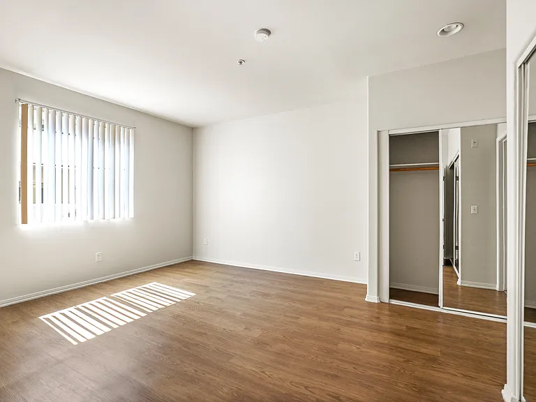 Spacious Bedroom with Mirrored Closet, Window, and Vinyl Flooring