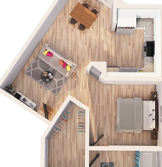 Modern 3D floor plan showcasing studio apartment with an open living area, contemporary kitchen, and a stylish balcony. Modern 3D floor plan showcasing studio apartment with an open living area, contemporary kitchen, and a stylish balcony.