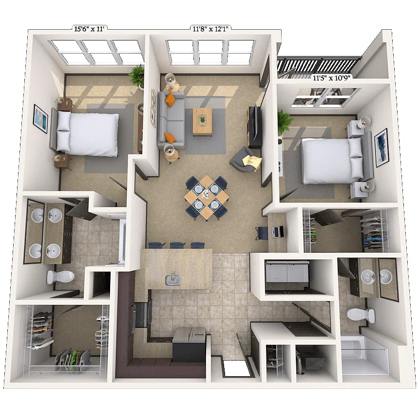 Floor plan Traditional 2x2 1038-1185 SF
