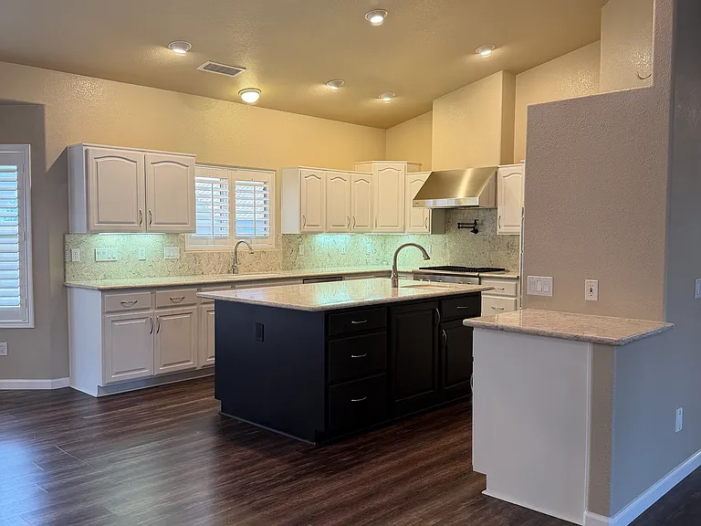 Large open concept living space - large kitchen with lots of storage, island, and pantry