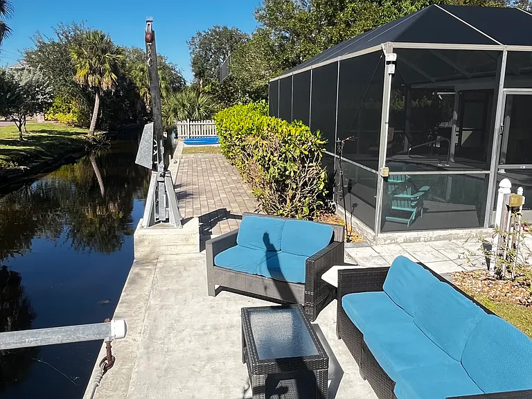 Canal seating area with kayaks