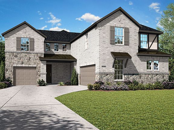 A two-story brick and stone house with a well-manicured lawn and landscaping in the foreground, set