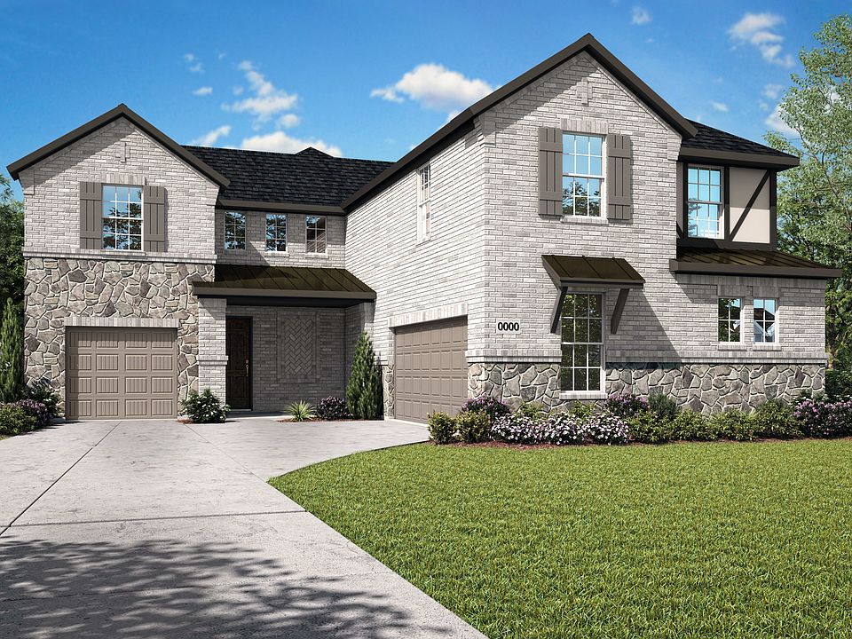 A two-story brick and stone house with a well-manicured lawn and landscaping in the foreground, set
