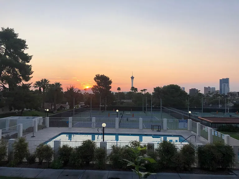 Community main pool with a view of the Stratosphere
