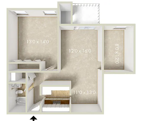 Floor plan 1BR 1BA +Den 816SQFT 80%