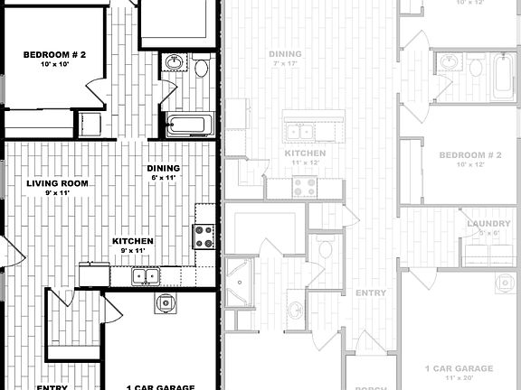 Black and white floor plan of a duplex, showing Unit A with 2 bedrooms, 1 bathroom, kitchen, dining,