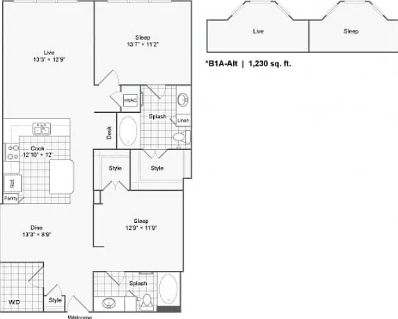 2 BR x 2 BA - B Floorplan 2 BR x 2 BA - B Floorplan