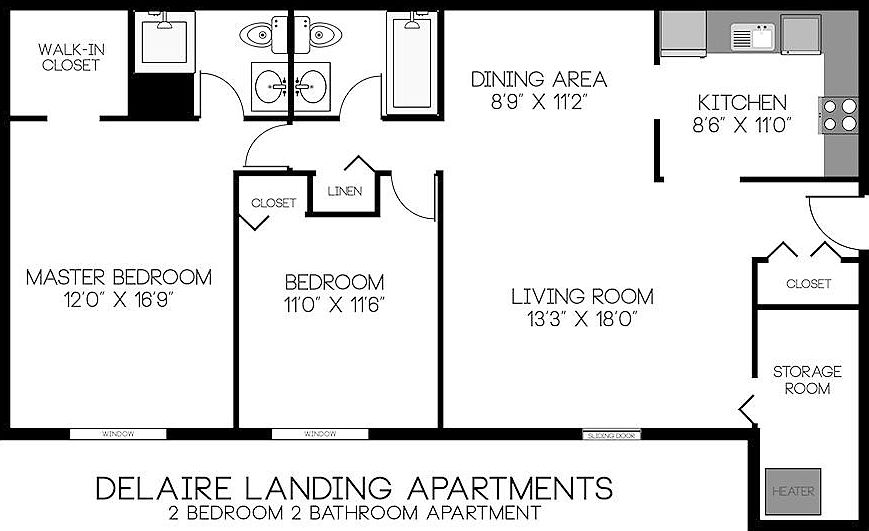 First floor condo has entrance at living room and one to main hallway. Washer and dryer are located in the storage room. Not shown in layout is an enclosed, lockable outdoor storage closet. First, last and one month security due at signing.