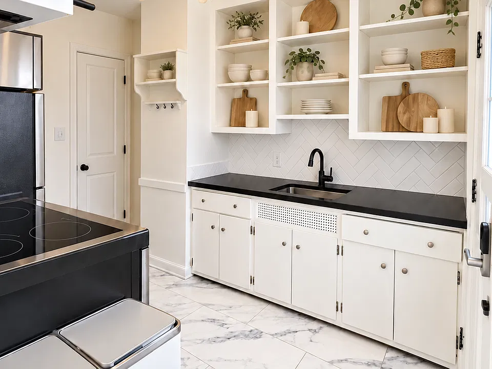 Kitchen with electric stove, fridge, microwave and pantry.