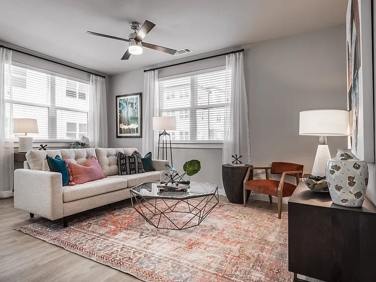 Modern Living Room with Open Layout at The Hightone in Denton, TX