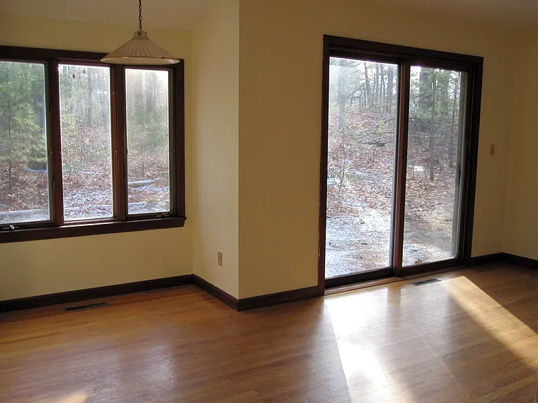 View from living room and dining area to the wooded backyard