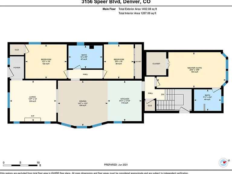 Upstairs floor plan featuring a master suite, two bedrooms, 2nd bathroom, a living room, a dining room, and an elegant kitchen.