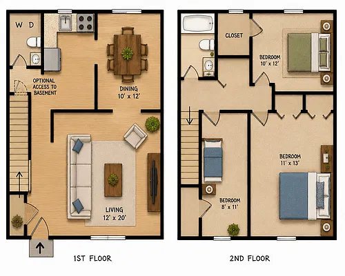 Floor plan Three Bedroom 1.5 Bath Townhome w/Basement