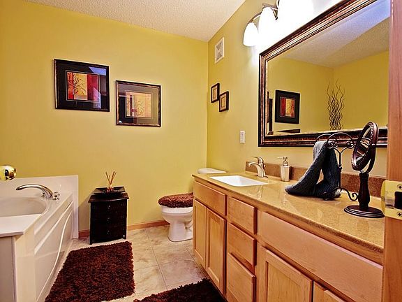 Owners bath with onyx counter, large soaking tub, seperate shower.