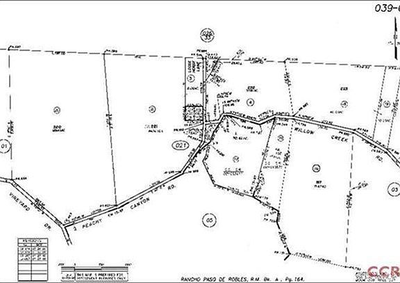 Parcel map showing parcel 6, a triangle.  Long run of Willow Creek Rd may be abandoned in favor of perpendicular intersection at Peachy Canyon Rd using the now dirt leg of Willow Creek Rd.