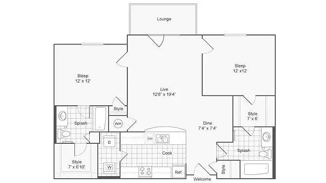 Floor plan 2 bed/2 bath-1088 sqft
