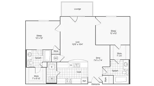 Floor plan 2 bed/2 bath-1088 sqft