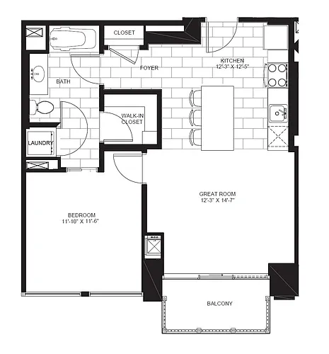 Floor plan One Bedroom with Island A4