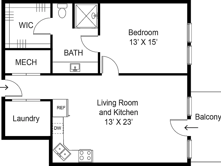 Open-Concept 1 Bedroom, 1 Bathroom Floor Plan with Balcony at Junction View Open-Concept 1 Bedroom, 1 Bathroom Floor Plan with Balcony at Junction View