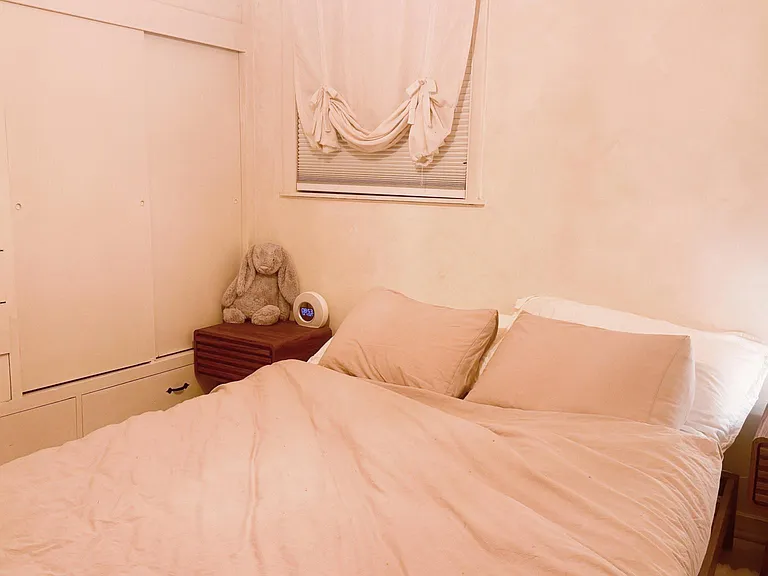 Bedroom for Queensize bed + 2 night stands. blind-out shades and cedar wardrobe.