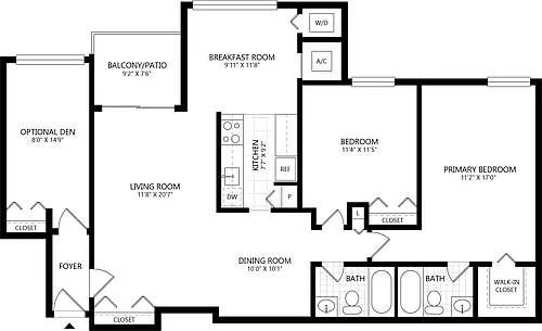 Floor plan 2 bed/ 2 Bath Den-B2D