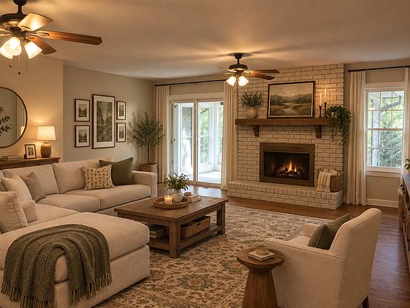 Large living room with built in shelving
