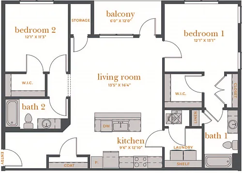 Floor plan 2 Bed, 2 Bath B (80% Income Restricted)