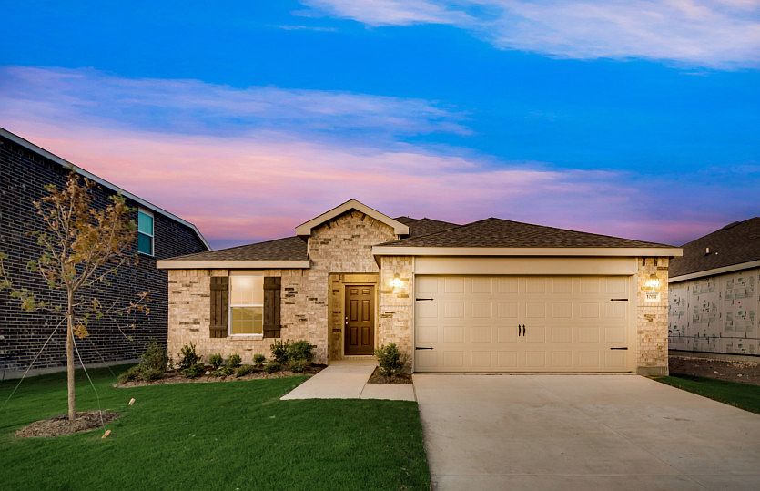 The Morgan, a one-story home with 2-car garage, shown with Home Exterior O