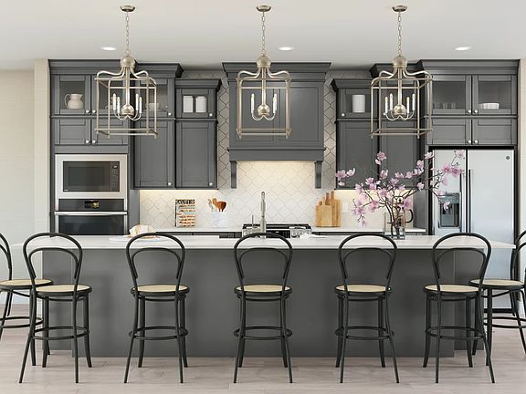 Kitchen with dark stained upper glass cabinetry