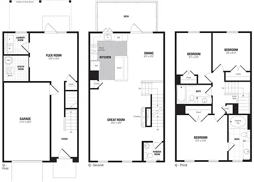 Floor plan 3 Bed/2.5 Bath Townhome 1 Car Garage-Q