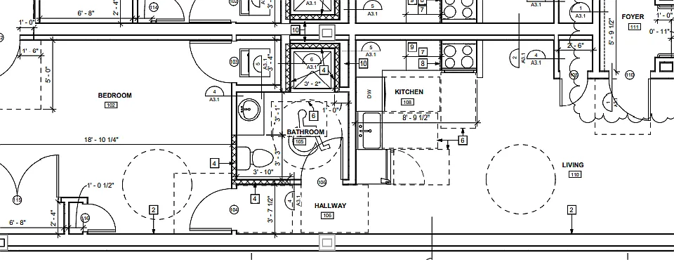 floor plan - circles are to indicate wheelchair turning radius.