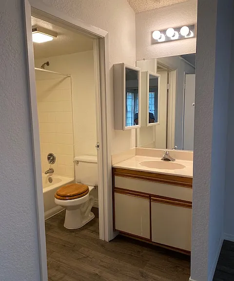 Full bath with exterior sink with vanity lights.