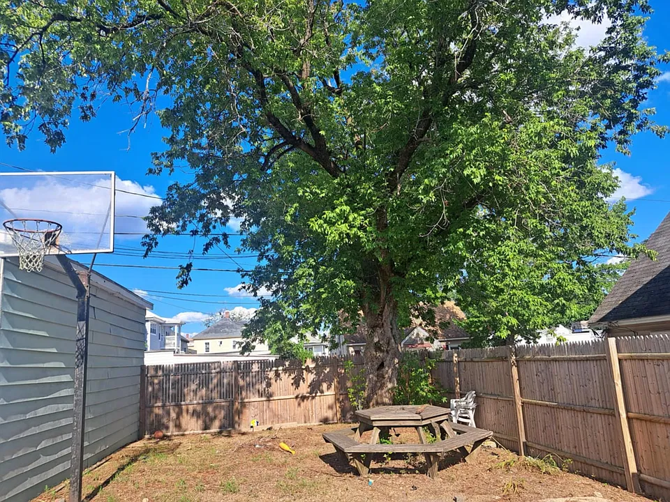 Picnic area, yard, and basketball hoop