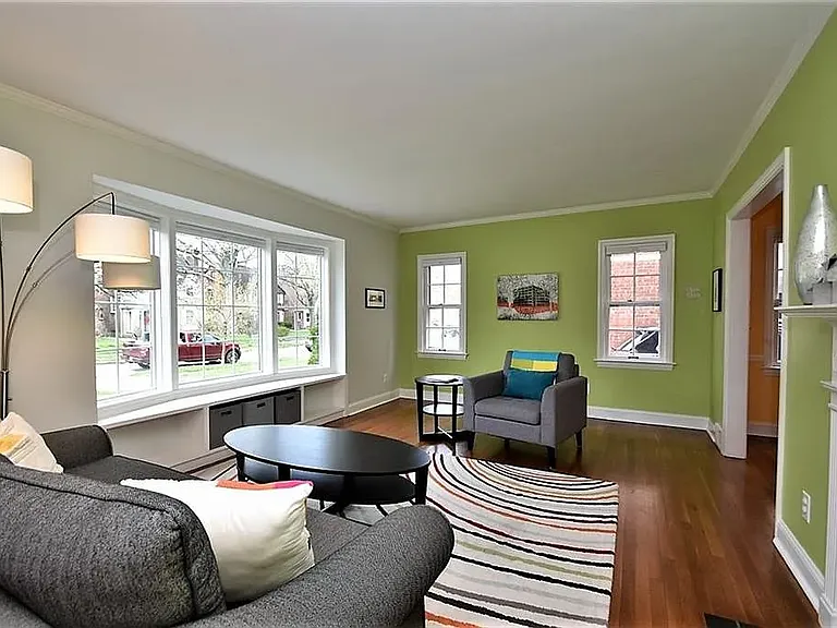 Family room facing the window seating nook