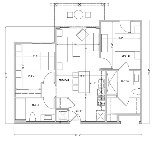 Floor plan 2 Bedroom with Deck - Courtyard Views