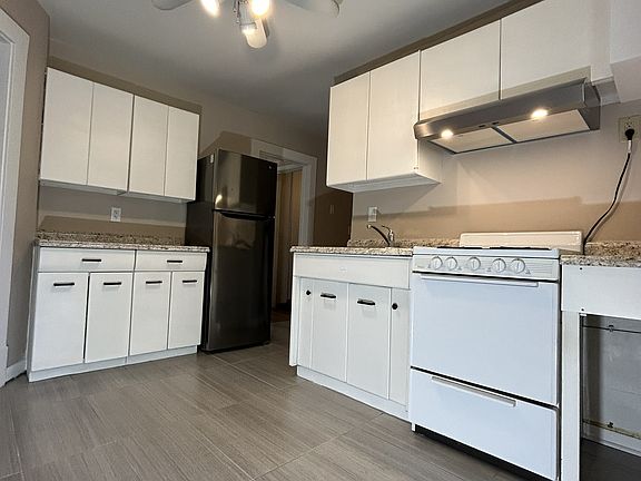 Gas stove and ventilation hood. Ceiling fan.