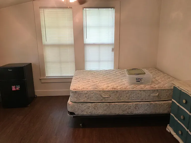 Back bedroom - vinyl wood floor, small closet, 4 windows, sloped ceiling with beam, ceiling fan