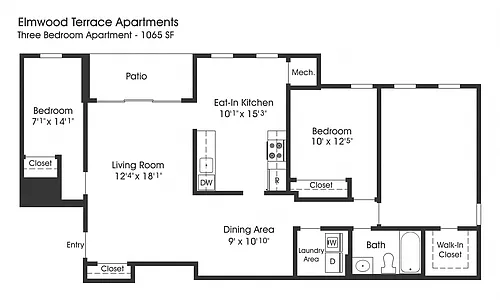 Floor plan 3BR 1BA (1065sf)