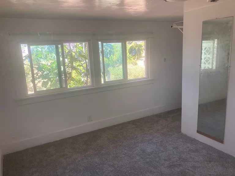 The bedroom has a full length mirror. The walk-in closest is just past the mirror. The rug was recently installed after repainting the room and adding new light fixtures.