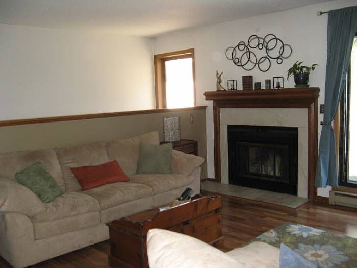 living room with fireplac