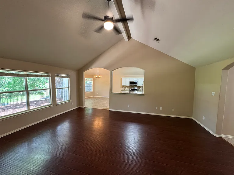 Living room overlooking kitchen and breakfast area