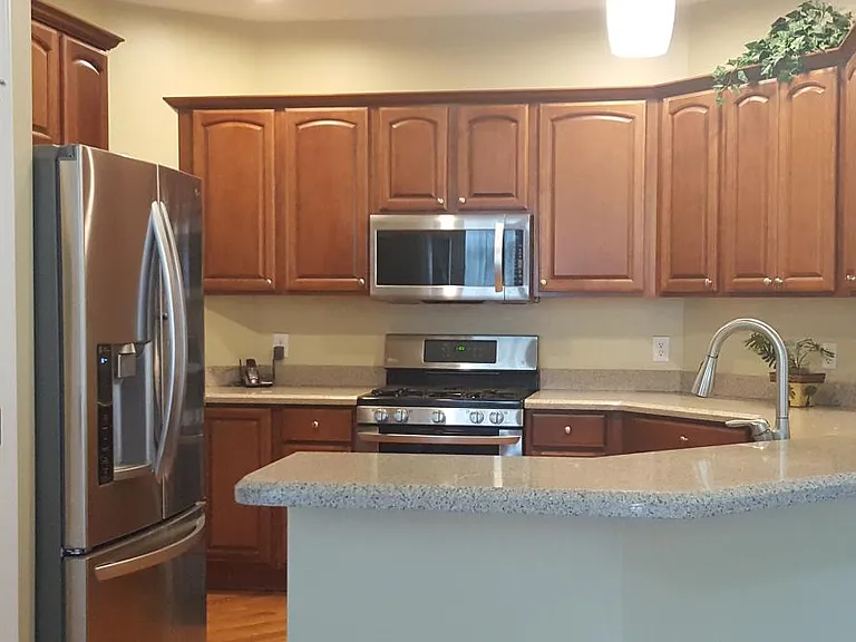Stainless steel appliances in the kitchen, Quarts countertops, and walk-in pantry next to the fridge