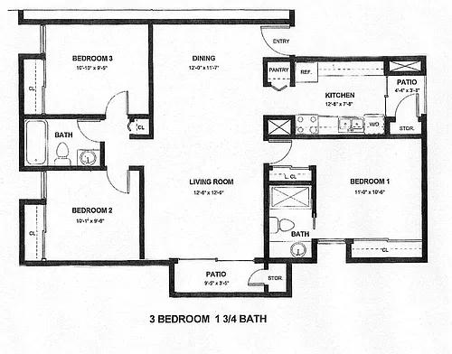 Floor plan Three Bedroom Two Bath