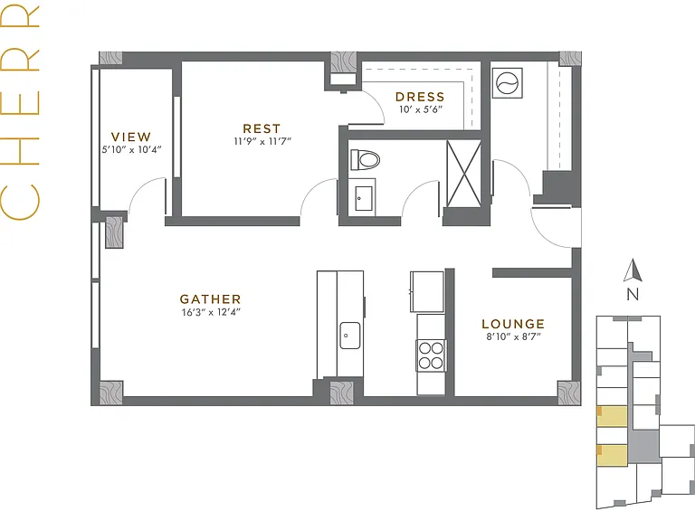 Cherry - 1 BD + Den / 1 BA - 833 SF Cherry - 1 BD + Den / 1 BA - 833 SF