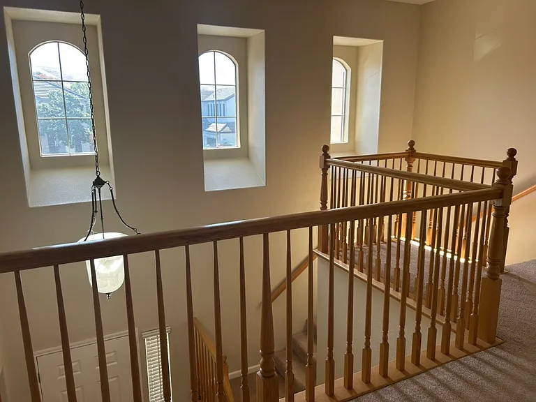 View from upstairs hallway, freshly painted interiors