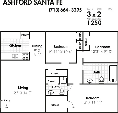 C - 3bed, 2bath - 1250sqft C - 3bed, 2bath - 1250sqft